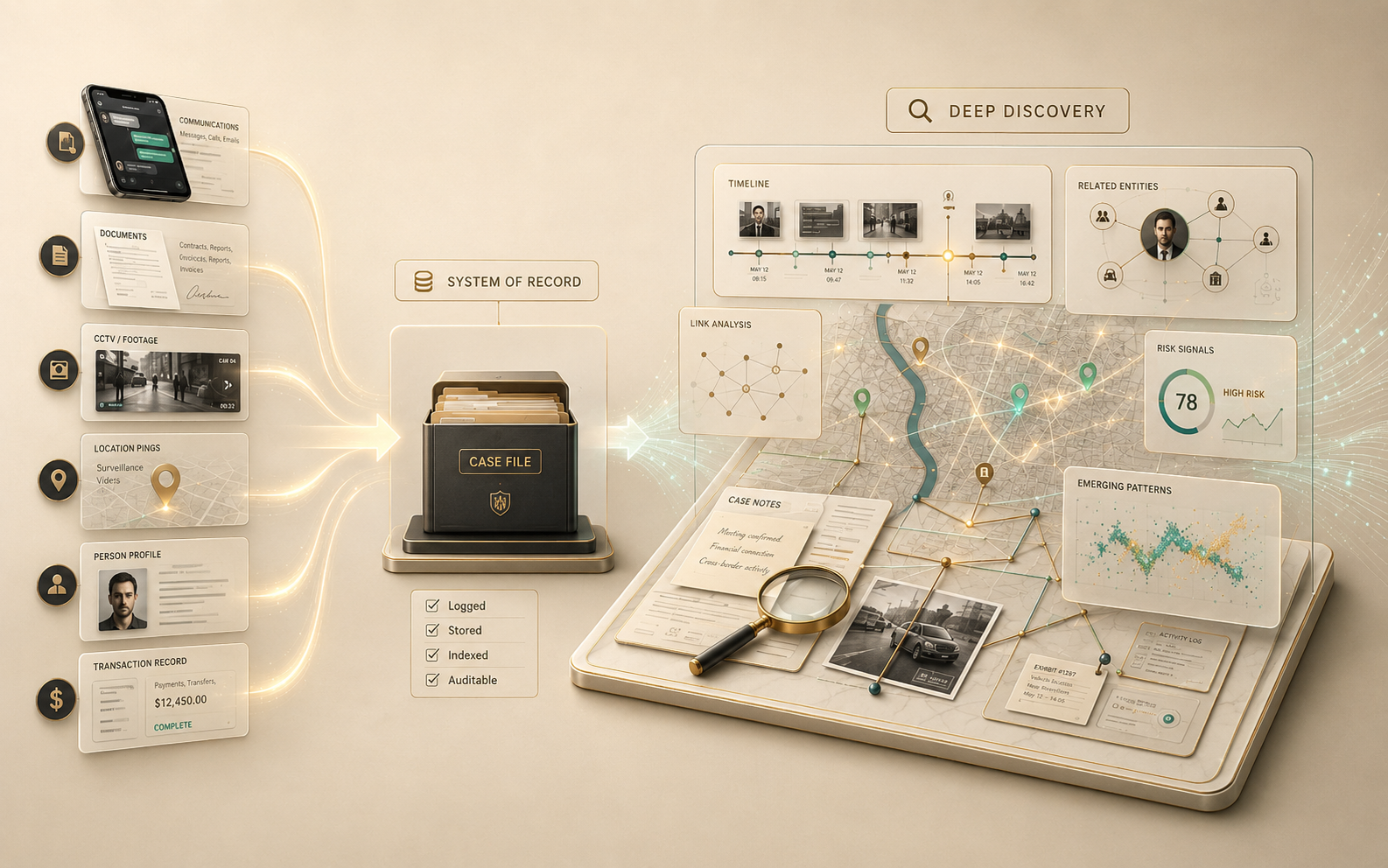 A case file system of record on the left receiving communications, documents, CCTV footage, and transaction data — opening into a deep discovery workspace with timeline, link analysis, risk signals, and emerging patterns