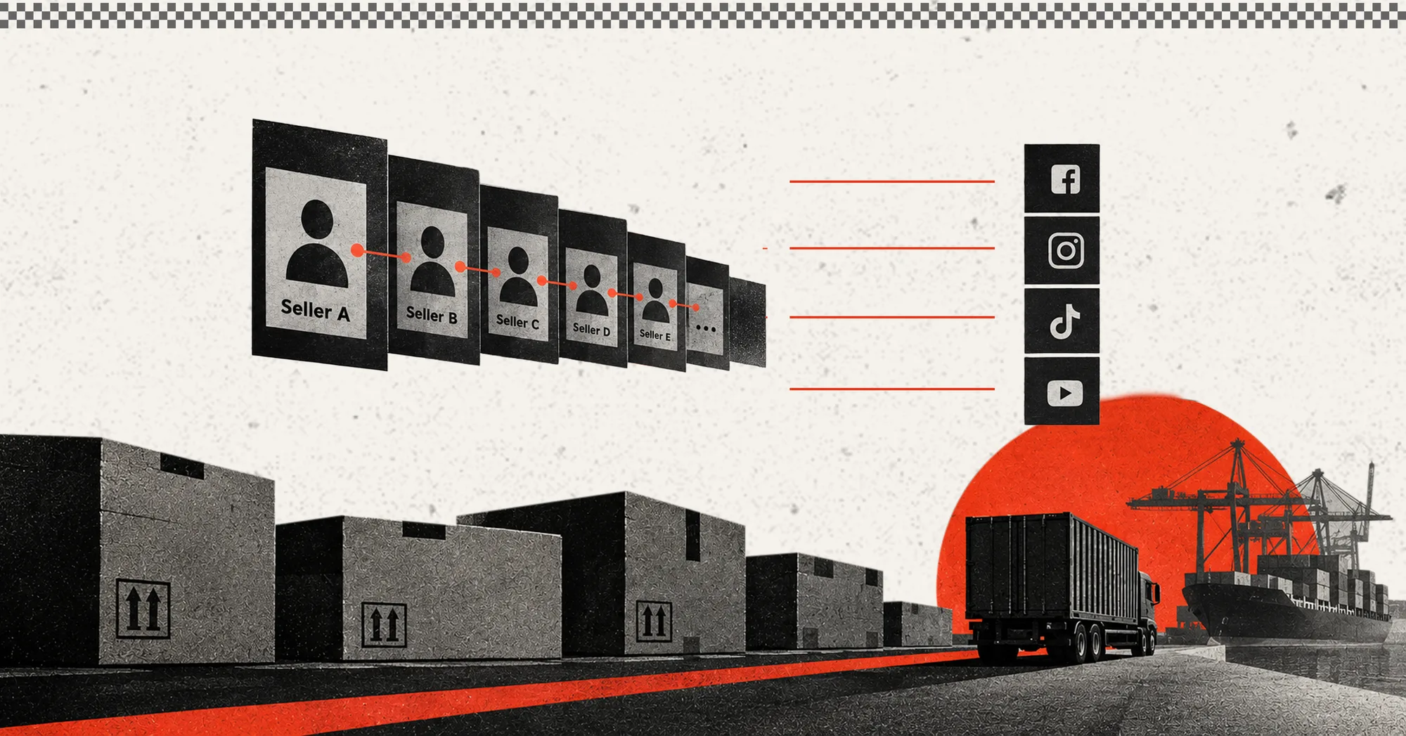 A chain of linked seller profiles connected to social media platforms above shipping boxes, a truck and a container port, illustrating one counterfeit operation moving through many seller names