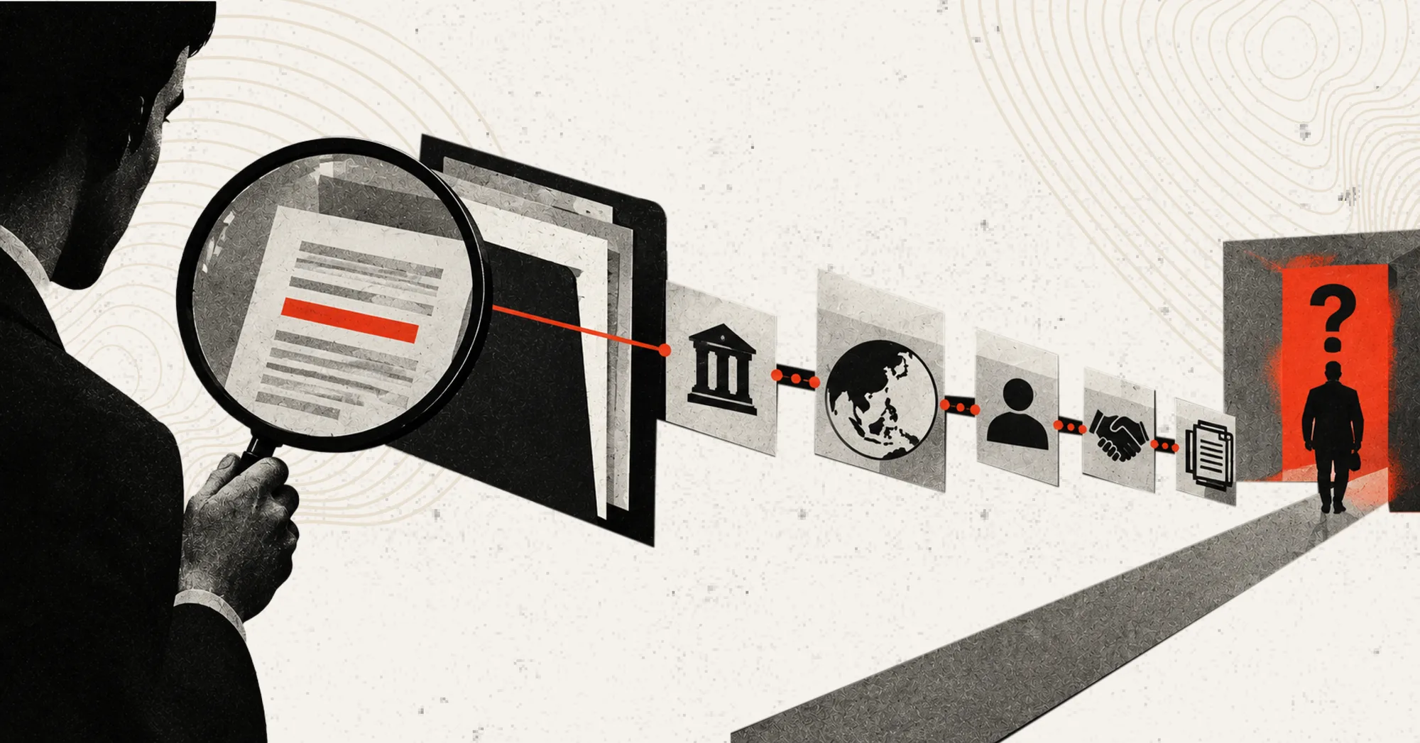 An investigator with a magnifying glass examining a document, linked by a chain of a bank, a globe, a person, a handshake and paperwork to a figure walking through a doorway marked with a question mark, illustrating an investigation that depends on outside parties