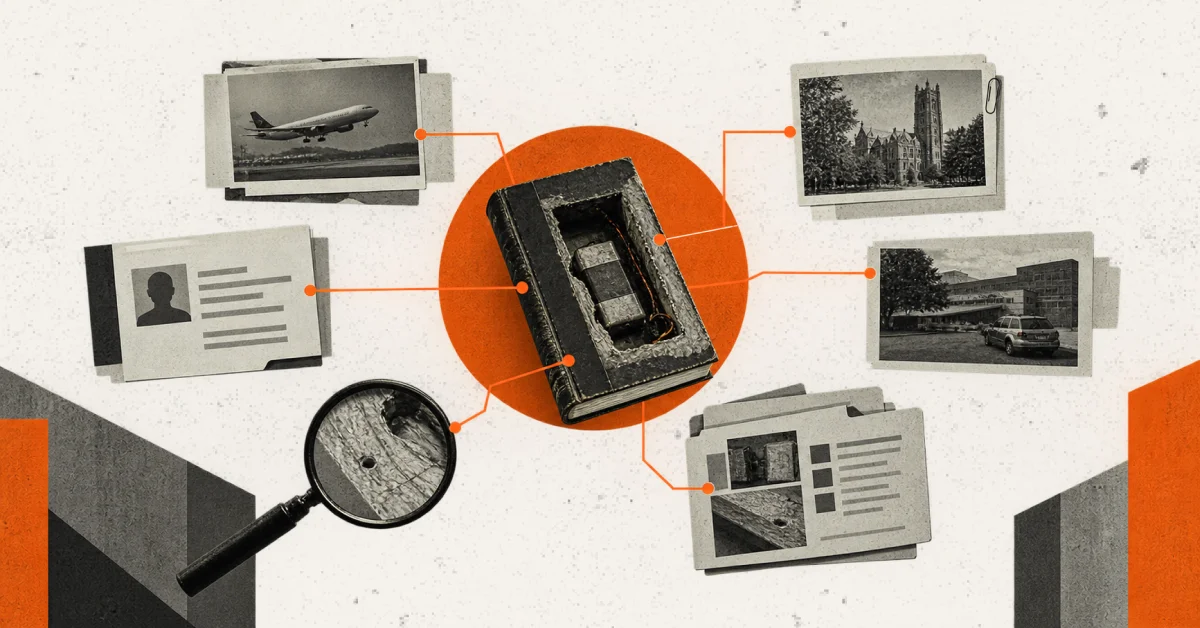 A hollowed-out book holding a hidden device at the center, linked to an airplane, a university building, a parked vehicle, an identity record, a magnified wood fragment and evidence files, illustrating how one object can connect separate investigations