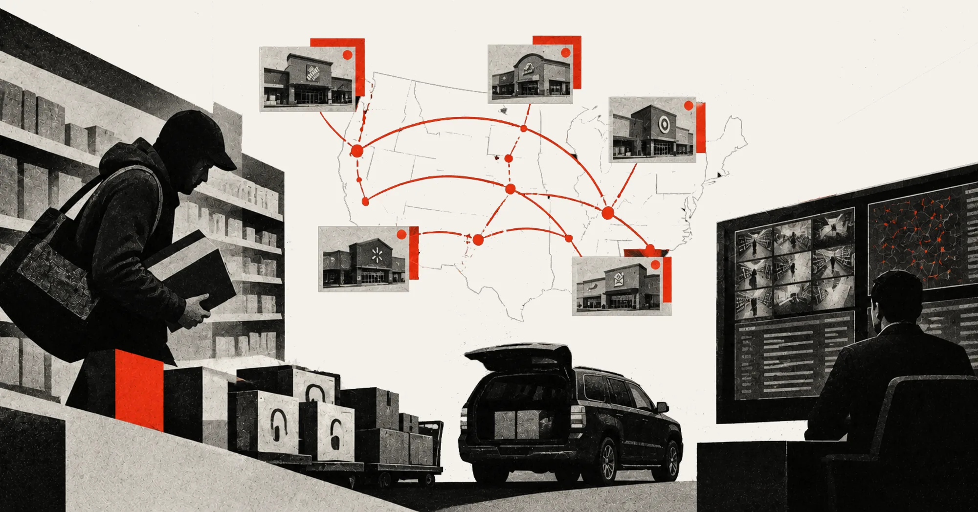 A shoplifter loading boxes from store shelves into an SUV, with a map of the United States linking several big-box stores and an analyst watching surveillance feeds, illustrating one organized retail crime network spread across many locations